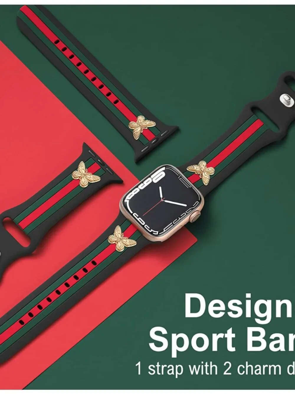 Silicone Watch Band- Black w/green/red stripe